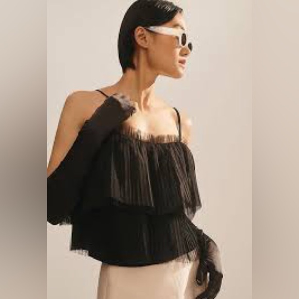 Anthropologie Black Pleated Tulle Tank Top XXS New Layered Sheer Chic
